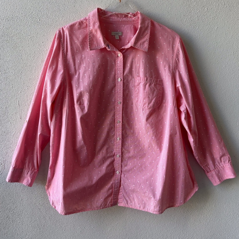 Talbots 2X Red White Long Sleeve Roll Tab Button Up Cotton Top Office Casual